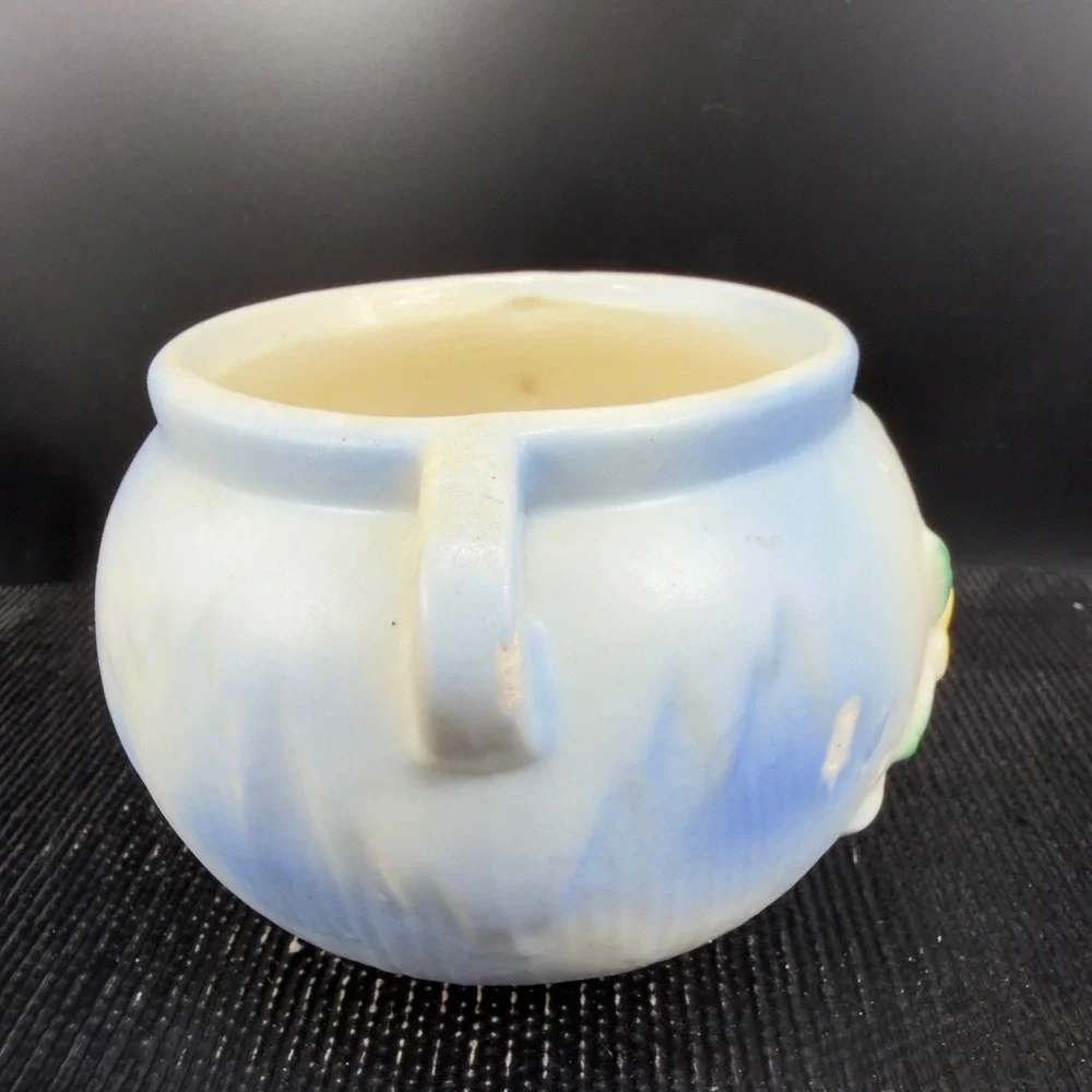 Vintage Pottery Flower Planter Blue‎ White Yellow Rose Relief Double Handle Pot
